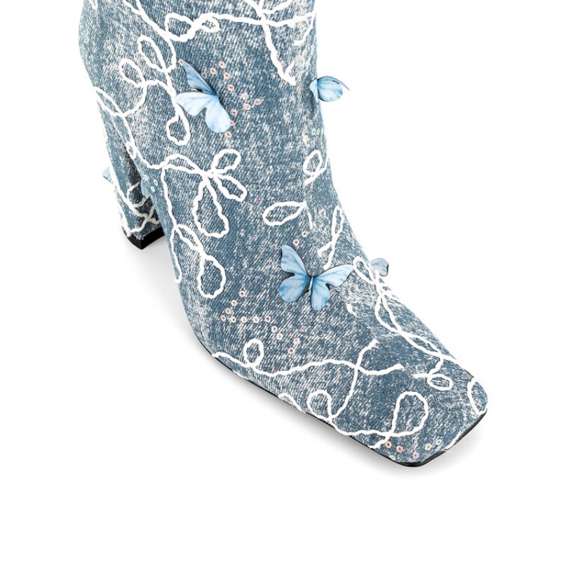 Processing Time:7-15 days after placing orders Women's Fashion Sexy Color Butterfly Decoration Square Head High Boots Autumn and Winter New Slope Heel Party Show Skirt Shoes