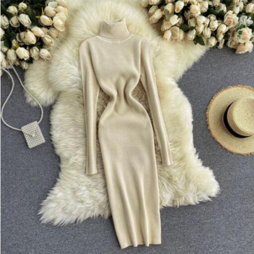 New Autumn Winter Women Knitted Dress Turtleneck Sweater Dresses Lady Slim Bodycon Long Sleeve Bottoming Dress