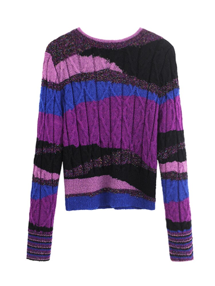 Women's High Quality Crew Neck Knitted Sweater Luxury Brand Contrast Color Gold Thread Pullover