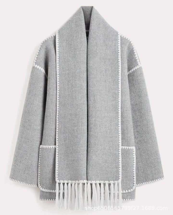 Warm Coats With Scarf Elegant Long Sleeve Pocket Single Breasted Jackets Autumn Winter Lady Loose Streetwear