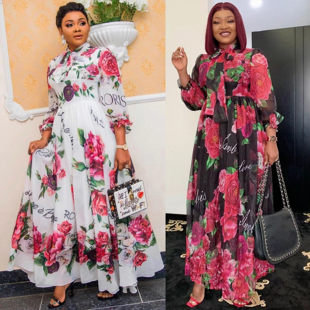 MD Dinner Dresses For Women New African Spring Summer Elegant Gown Flowers Printed Dashiki Long Dress Ladies Clothing 229#