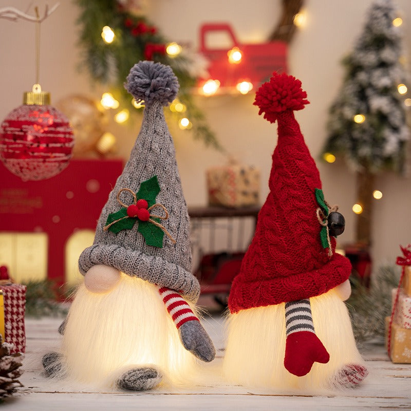 New Christmas decorations, high-end Christmas with lights, dwarf knitted hat, illuminated Rudolf doll ornaments