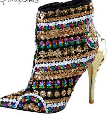 Pink Palms Shoes Women Boots Sequined Cloth Fuchsia Bling Paillette Shoes High Heels Pointed Toe Boots Sexy Ankle Boots