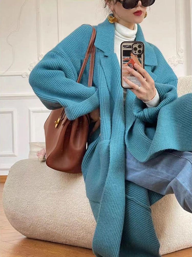 Knitting Cardigan Thicken Long Sweater Coat For Women Solid Lapel Loose Casual Vintage Clothing Autumn Winter