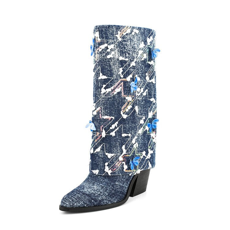 Processing Time:7-15 days after placing orders Women's Fashion Sexy Color Butterfly Decoration Square Head High Boots Autumn and Winter New Slope Heel Party Show Skirt Shoes