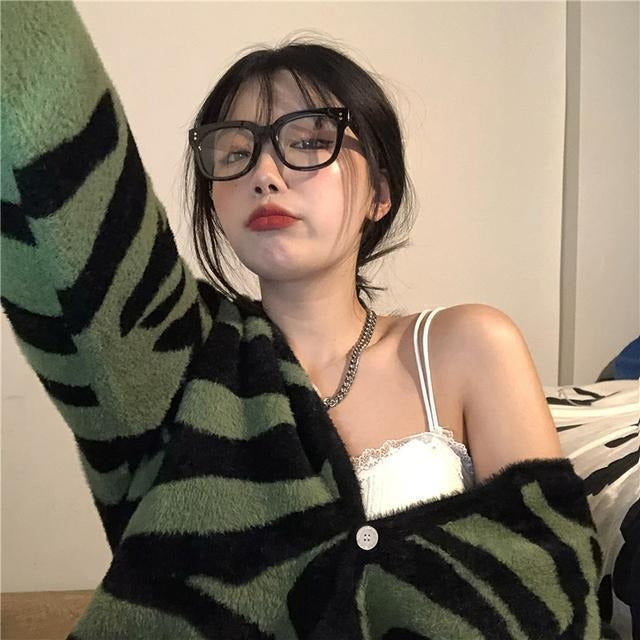 Women Autumn Zebra Mohair Sweater Cardigan