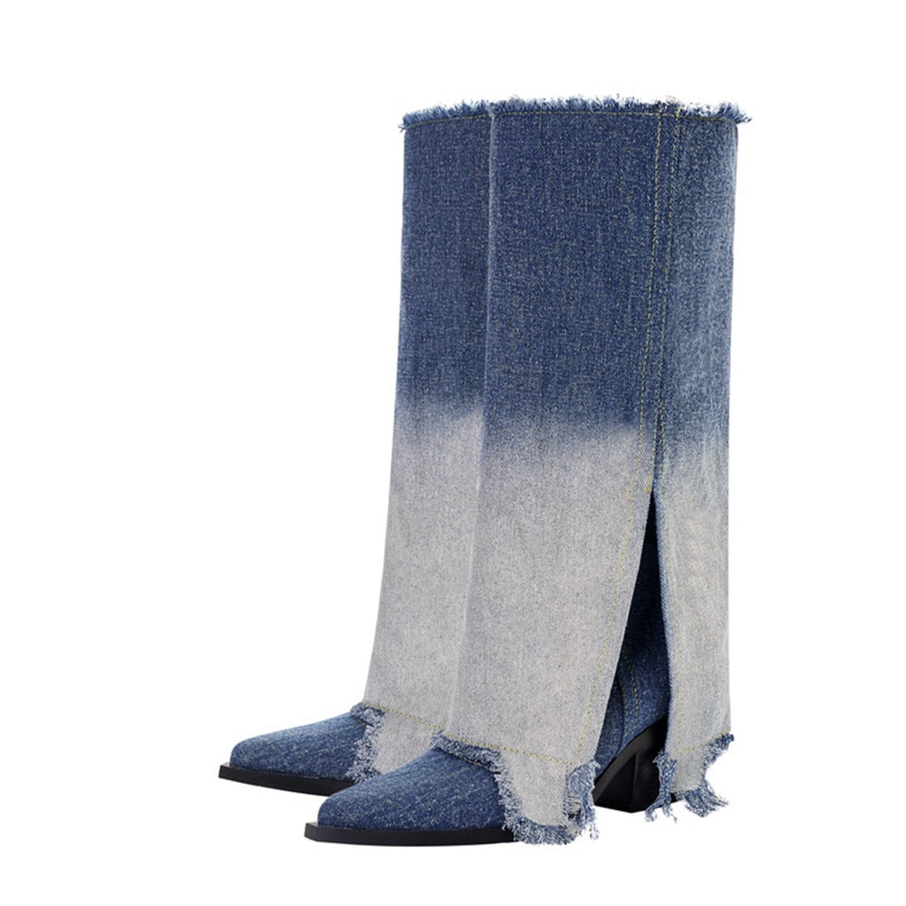 Processing Time:7-15 days after placing orders European and American Denim Knee High Boots for Women's Four Season Thick High-heeled Color Matching Sleeve Skirt Boots