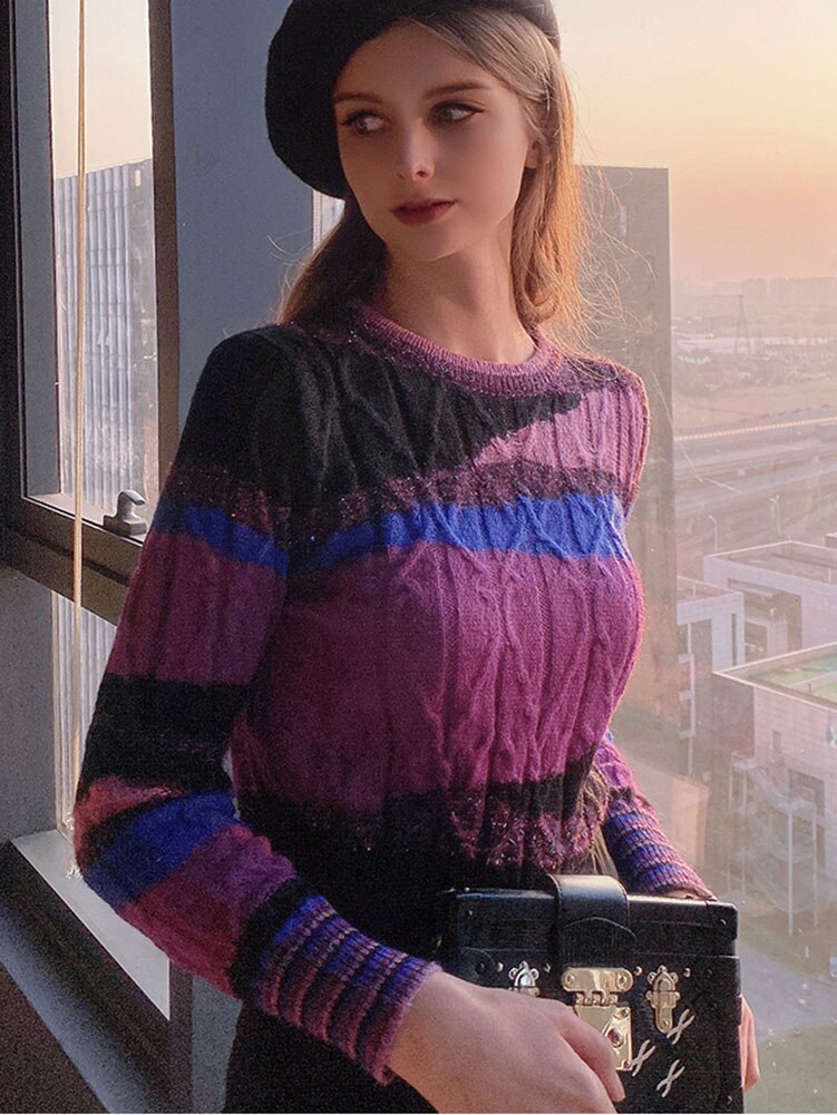 Women's High Quality Crew Neck Knitted Sweater Luxury Brand Contrast Color Gold Thread Pullover