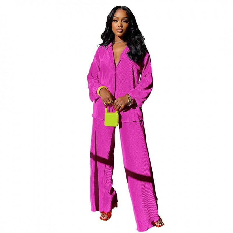 Women's Sets Long Sleeve Shirt Tops Wide Leg Pants Elegant Tracksuit Two Piece Set
