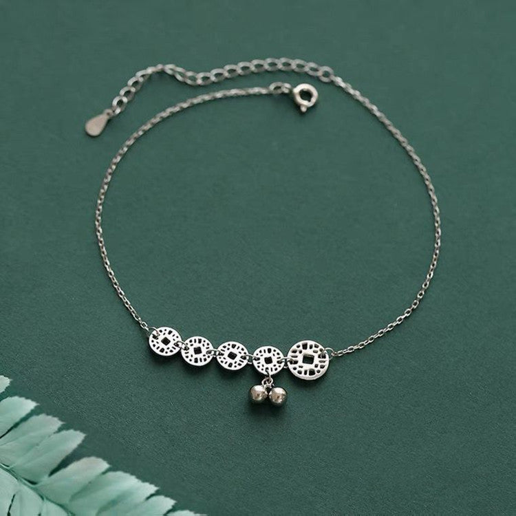 925 Sterling Silver Copper Money Bell Anklet Women's New Ins Cool Trend High Quality Sense Fairy Ancient Style