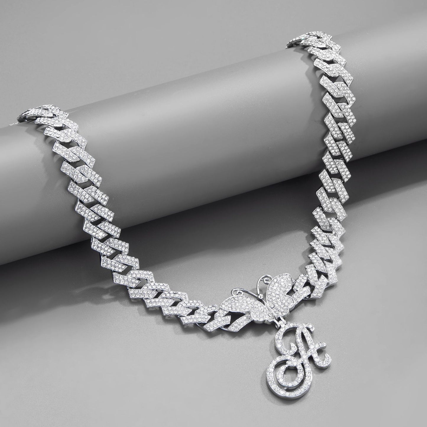 18inch Cuban Chain Butterfly Letter Full Diamond Pendant Cuban Chain Personalized Exaggerated Thick Chain Hiphop Jewelry