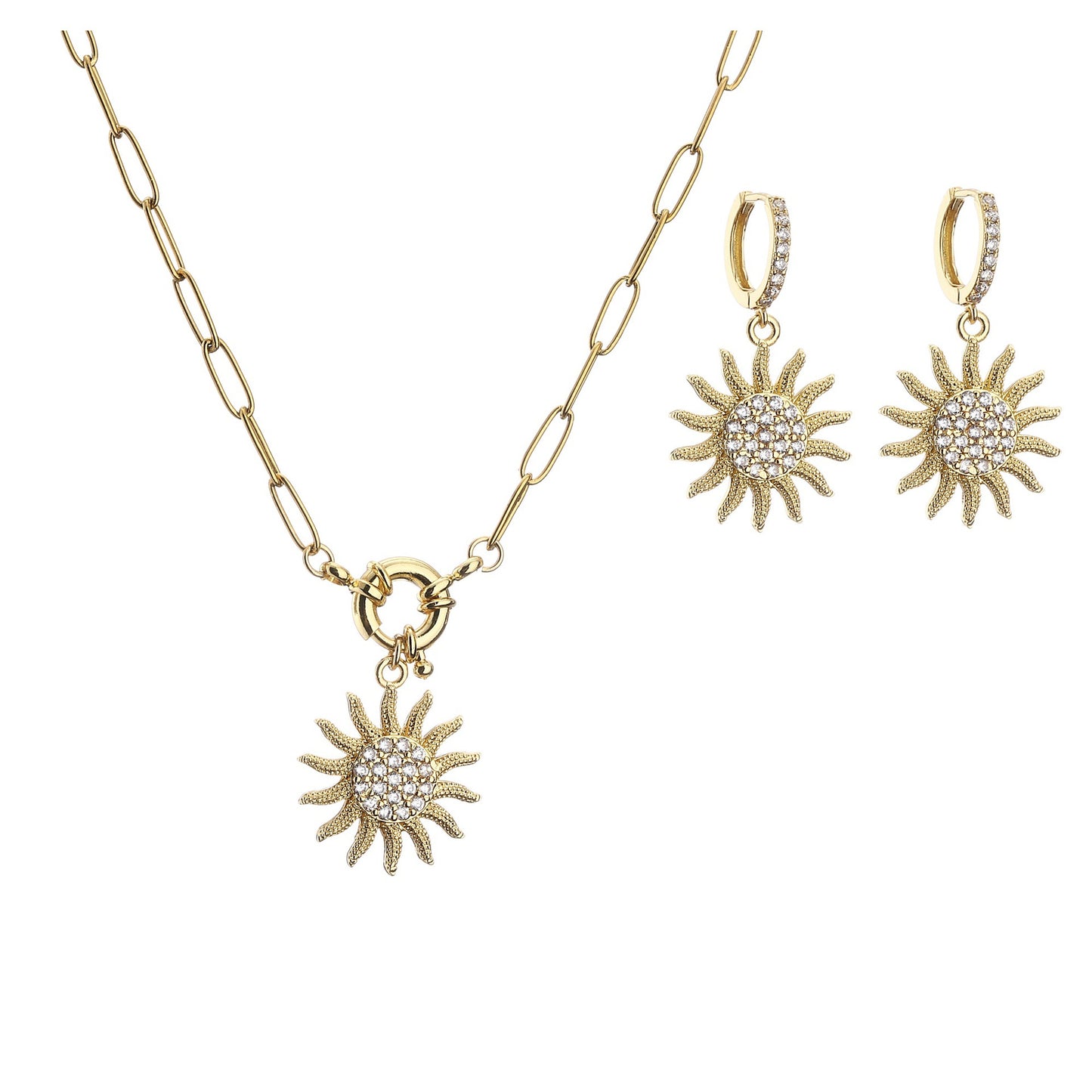 Micro Inlaid Zircon Sun Necklace Earring Set Jewelry Sunflower