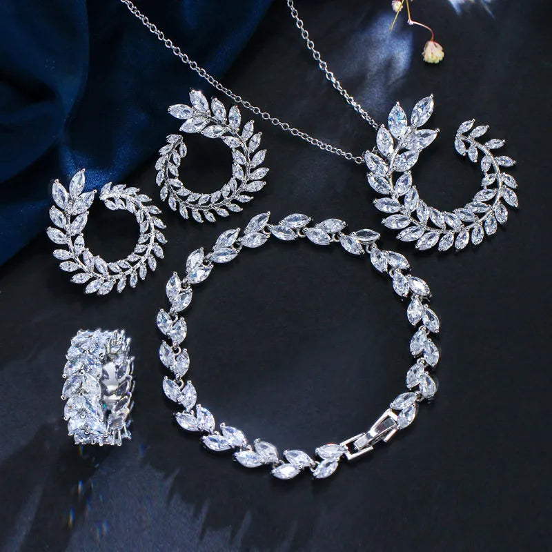 925 Sterling Silver Cubic Zircon Wedding Engagement Jewelry Sets Necklace/Earrings/Bracelet Wholesale