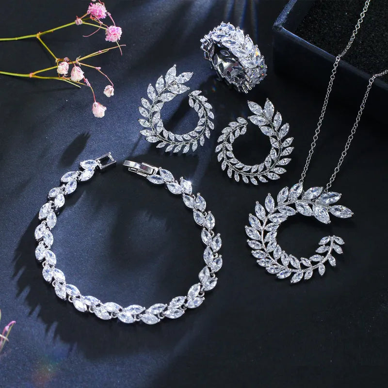 925 Sterling Silver Cubic Zircon Wedding Engagement Jewelry Sets Necklace/Earrings/Bracelet Wholesale