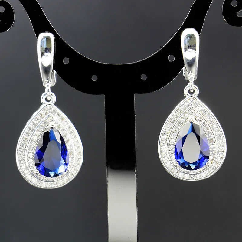 Water Drop Shaped Sapphire Silver 925 Jewelry Sets for Women Blue Gemstones Ring Earrings Necklace Bracelet Wedding