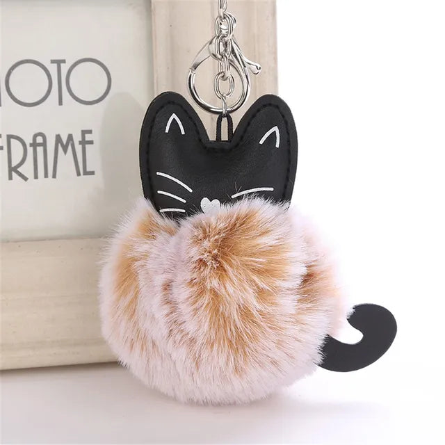Cute Cat Keychain Pendant Women Key Ring Holder Pompoms Key Chains For Gift