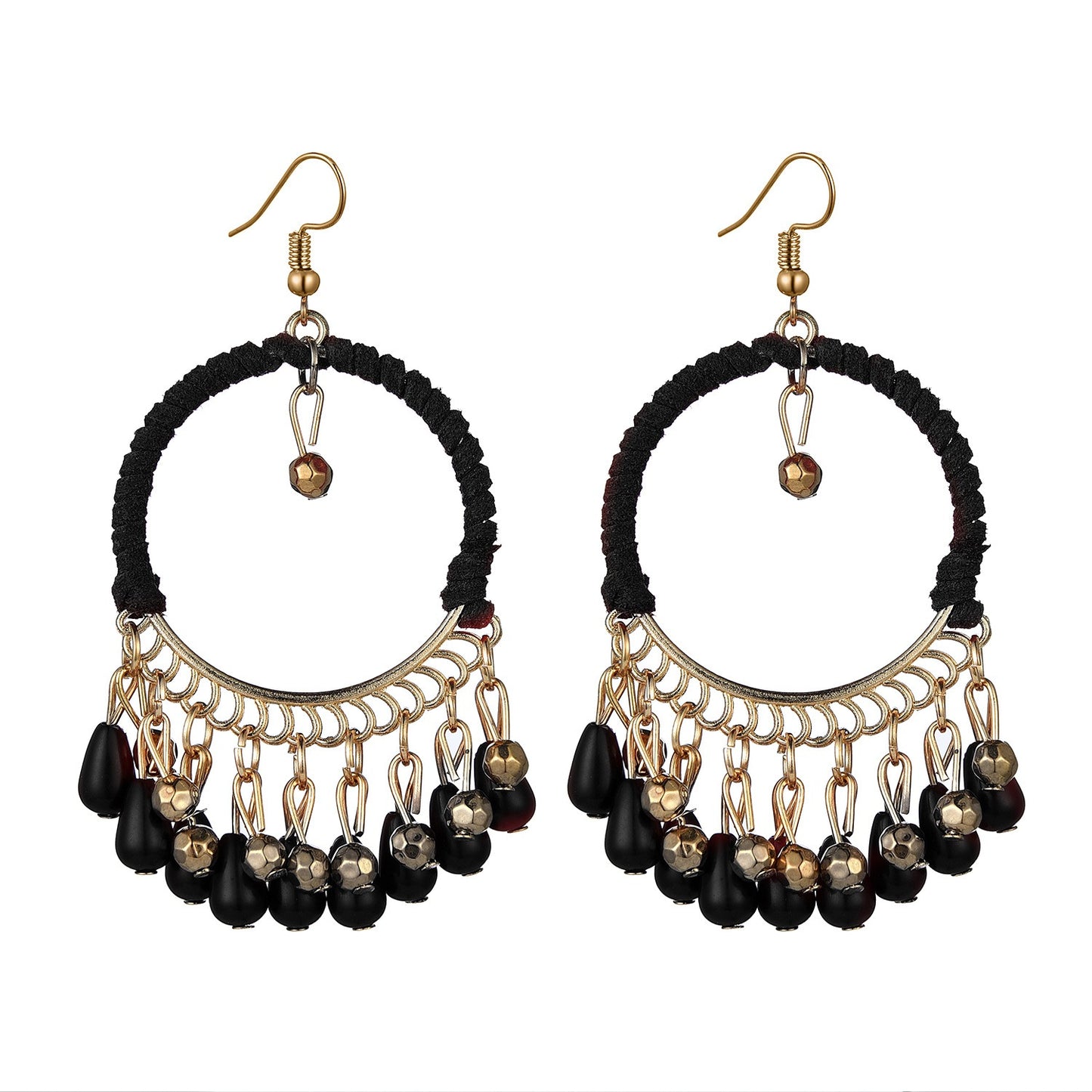 European and American ethnic style handmade woven earrings Bohemian retro round water drop tassel earrings