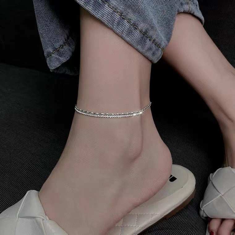 S925 Sterling Silver Rice Grain Gypsophila Double Layer Anklet Women's New Trendy Anklet Women's Foot Chain Foot Jewelry