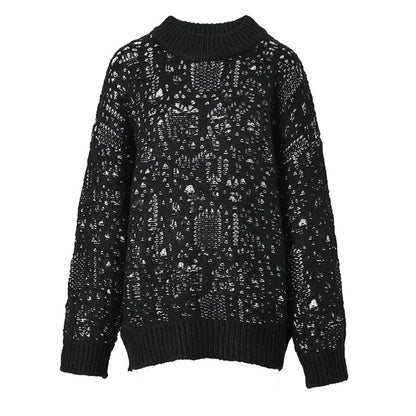 Black Jacquard Big Size Knitting Sweater Round Neck Long Sleeve Women Pullovers New Fashion Autumn Winter