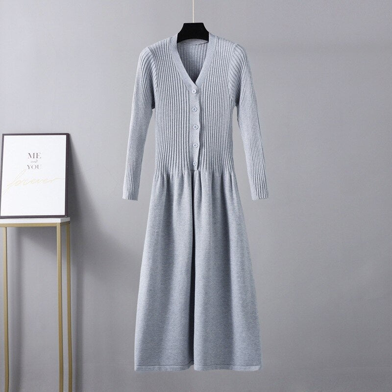 Winter Long Knit V Neck Women A Line Sweater Dress Single Breasted Pleated Dresses Christmas Party Holidays Dresses