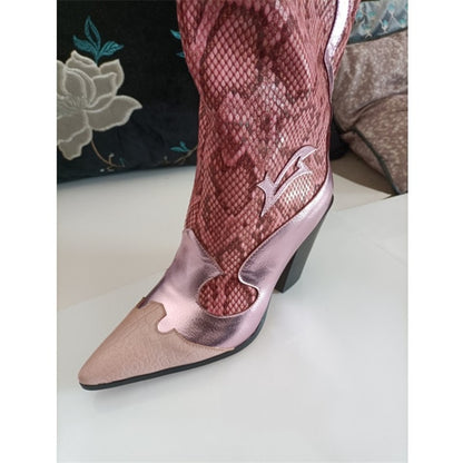 Women's Over-the-knee Boots Winter Pointed Toe Crude Heel Slip-on Botas Mujer Fashion Pink Snake Skin Hand-made Sexy Shoes