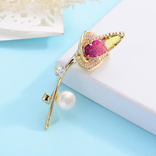 Temperament Fashion Tourmaline Brooch Light Luxury Exquisite Pearl Zircon Flower Corsage Dress Pin