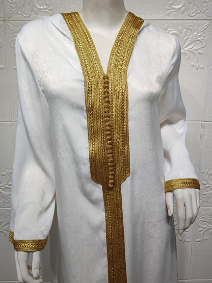 Dubai Abaya Jalabiya Hooded Maxi  Dress Long Sleeve  Islam Muslim Women Moroccan Kaftan ArabTurkey Robe Champagne White Green