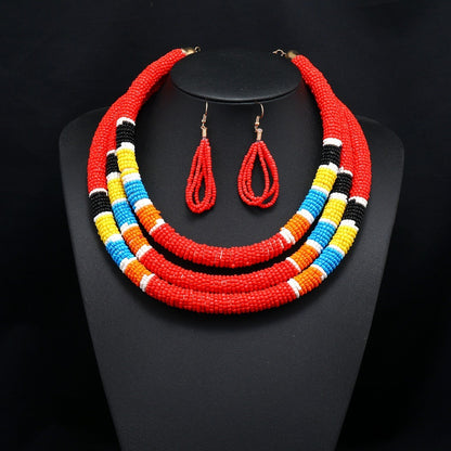 Creative new colorful rice bead necklace multi-layer choker earring set