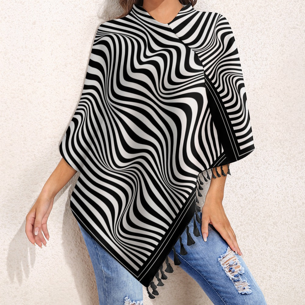 Bully-Proof Off Da Grid Knitted Cape With Fringed Edge
