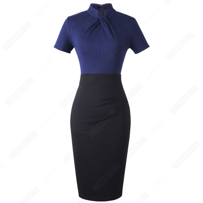 Elegant Work Office Business Drapped Contrasting Bodycon Slim Lady Women Sexy Front Key Hole Summer Pencil Dress EB430