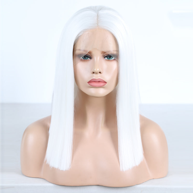 White Color Synthetic Hair Lace Part Wigs with Baby Hair Straight Hair Short BoB T Lace Wigs
