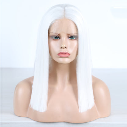 White Color Synthetic Hair Lace Part Wigs with Baby Hair Straight Hair Short BoB T Lace Wigs