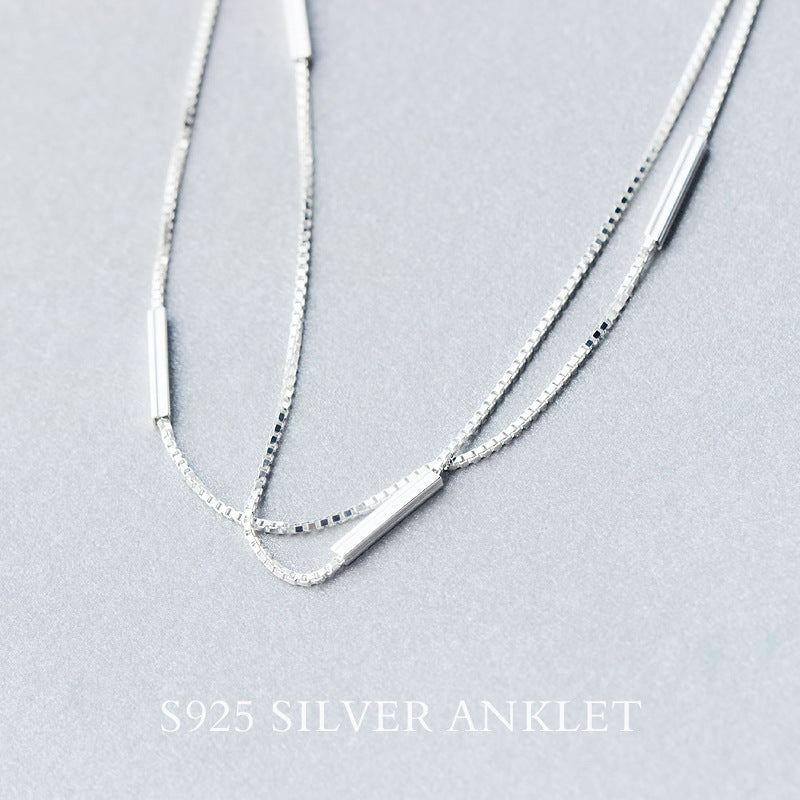 S925 Silver Anklet Women's Fashion Simple Word Round Stick Anklet Sen Series Literary Double-Layer Anklet Jewelry Women