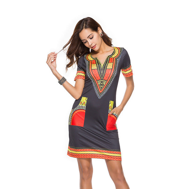 Sexy V Neck Patchwork African Print Mini Dresses
