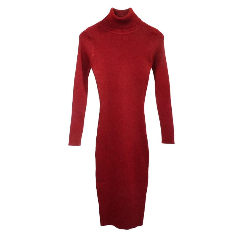 New Autumn Winter Women Knitted Dress Turtleneck Sweater Dresses Lady Slim Bodycon Long Sleeve Bottoming Dress