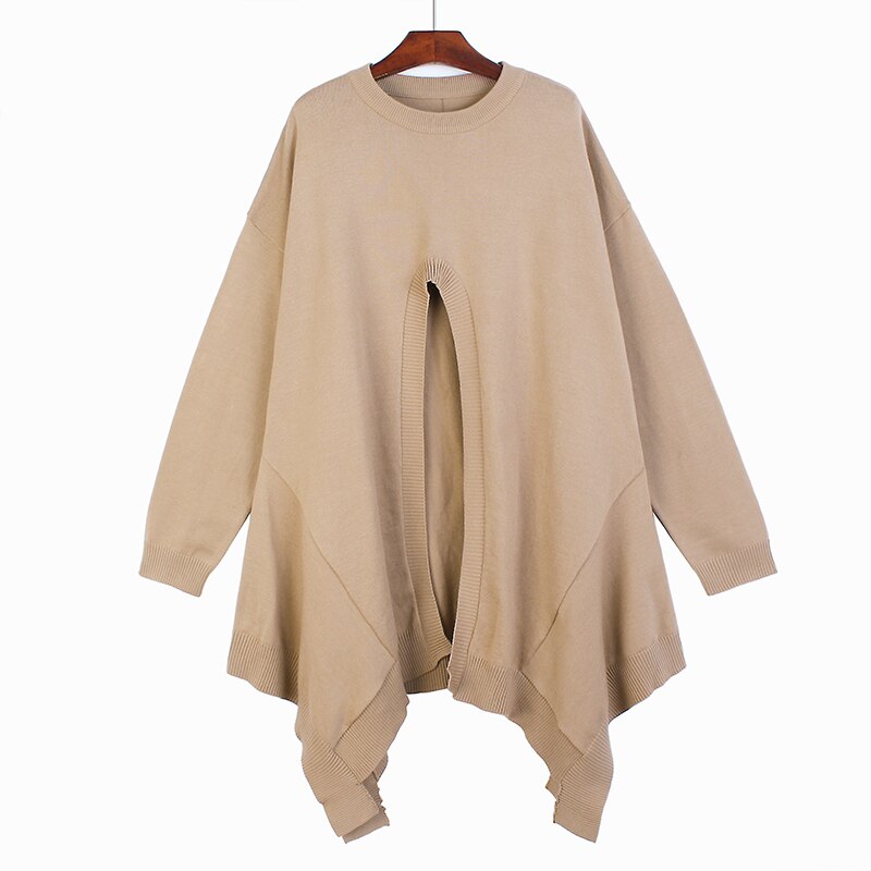 Split Sweater Irregular Full Sleeve Full Sleeve Solid Color Pleated Pullover Autumn Minority Loose Knitted