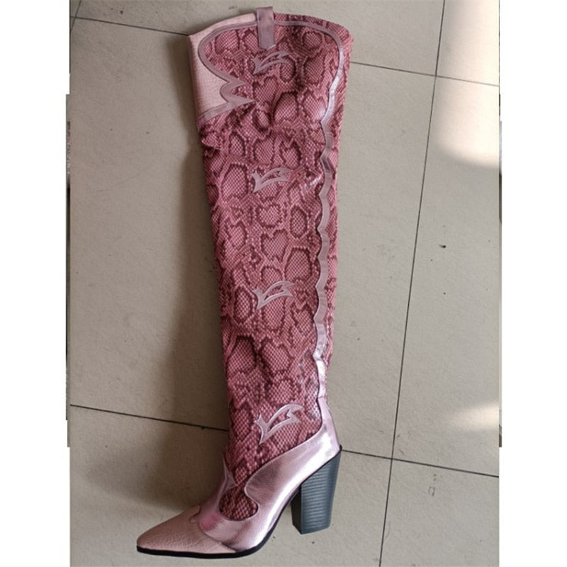 Women's Over-the-knee Boots Winter Pointed Toe Crude Heel Slip-on Botas Mujer Fashion Pink Snake Skin Hand-made Sexy Shoes