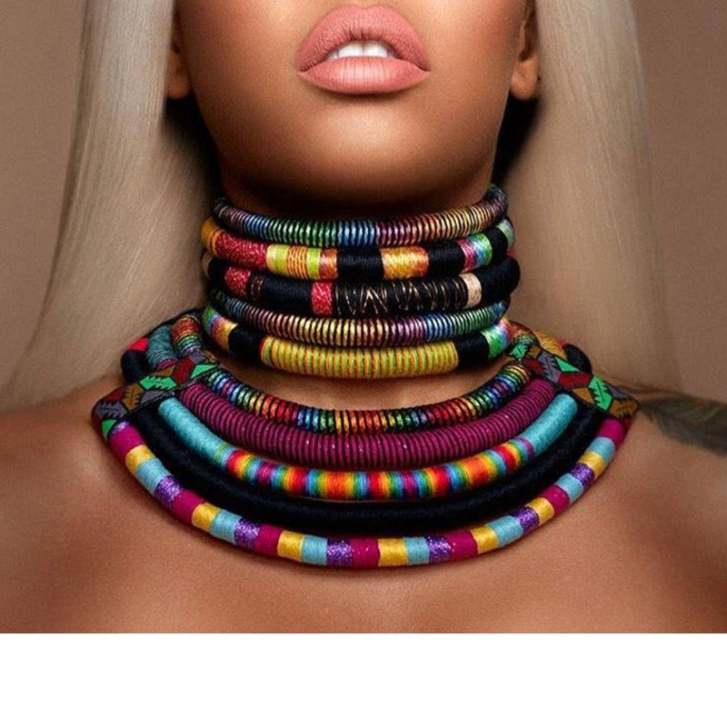 Hand woven collar African style color line magnetic buckle necklace set European and American exaggerated necklace