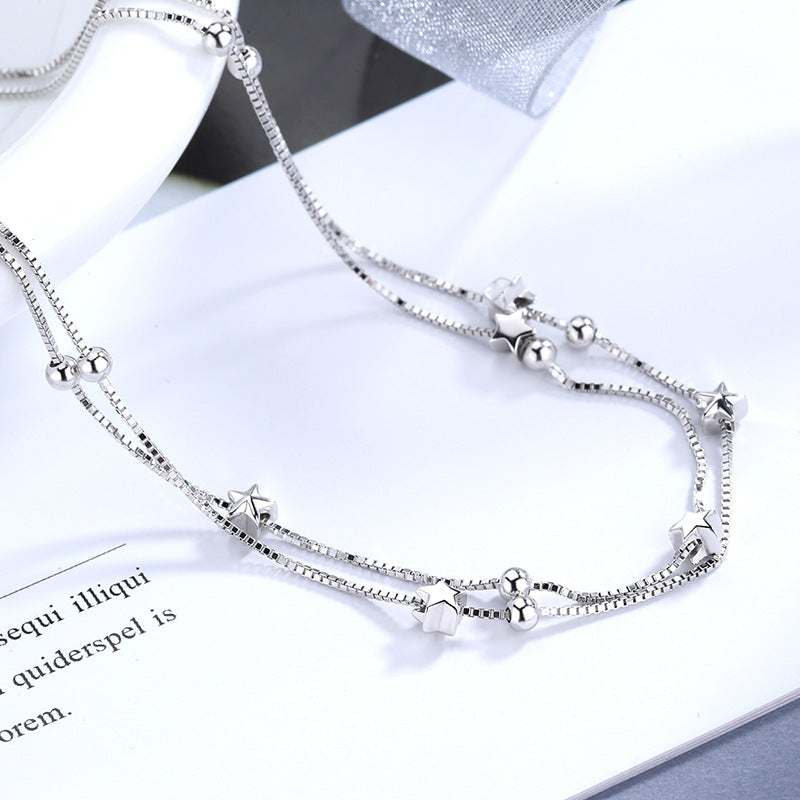 S925 Sterling Silver Bead Bracelet Women's Korean Version Of The Simple Five-Pointed Star Double-Layer Wild Fresh Personality Star Anklet