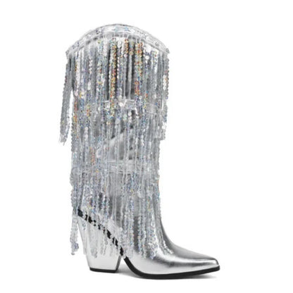 Silver Sequin Chelsea Boots Pointed 10cm/7cm Slope Heel Tassel Boots Internet Celebrity Estate Holiday Autumn Boots