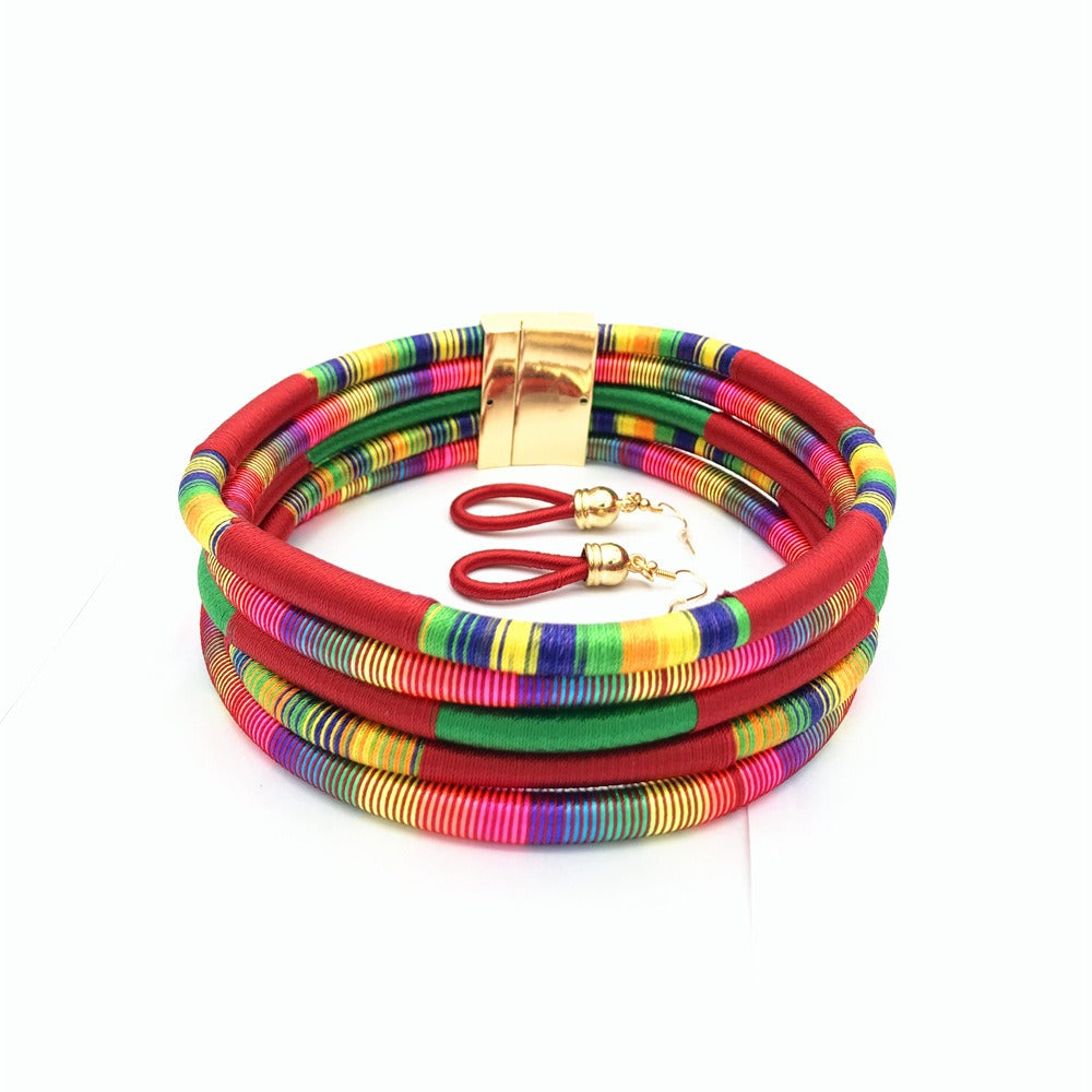 Hand woven collar African style color line magnetic buckle necklace set European and American exaggerated necklace