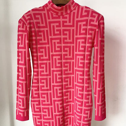 HIGH STREET Runway Fall Designer Women's Long Sleeve Monogram Jacquard Knit Dress