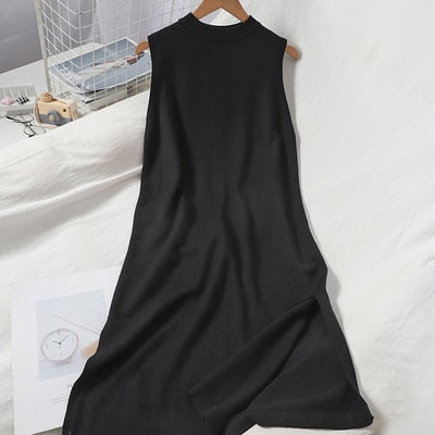 Korean Pullover O-neck Knitted Dress Casual Women Sleeveless Vest Dress Summer Solid Split Midi Knit Dress