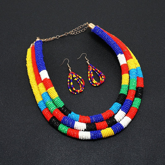 Creative new colorful rice bead necklace multi-layer choker earring set