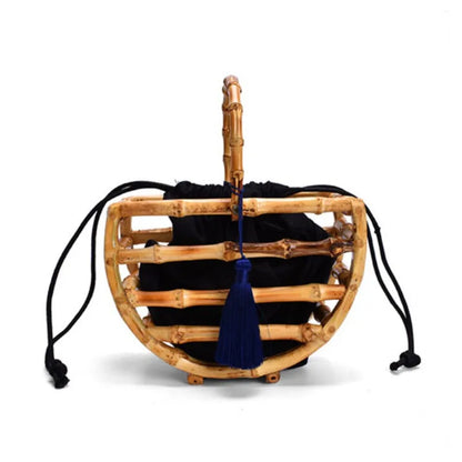 Handmade tassel bamboo knot bag water bucket bag semi-circular bamboo basket handbag for women