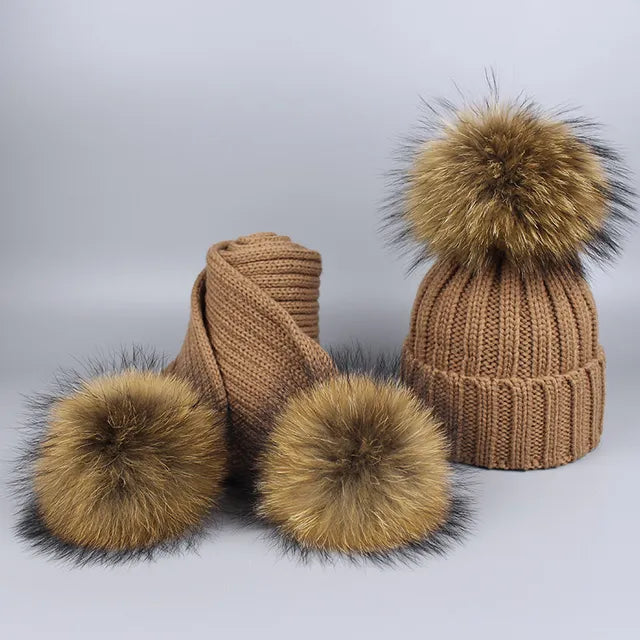 Knitted Fur Pompom Hat and Scarf Set for Children