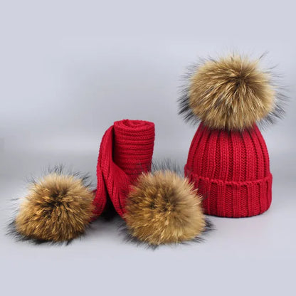 Knitted Fur Pompom Hat and Scarf Set for Children