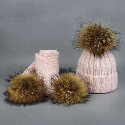 Knitted Fur Pompom Hat and Scarf Set for Children