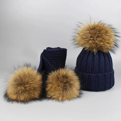 Knitted Fur Pompom Hat and Scarf Set for Children