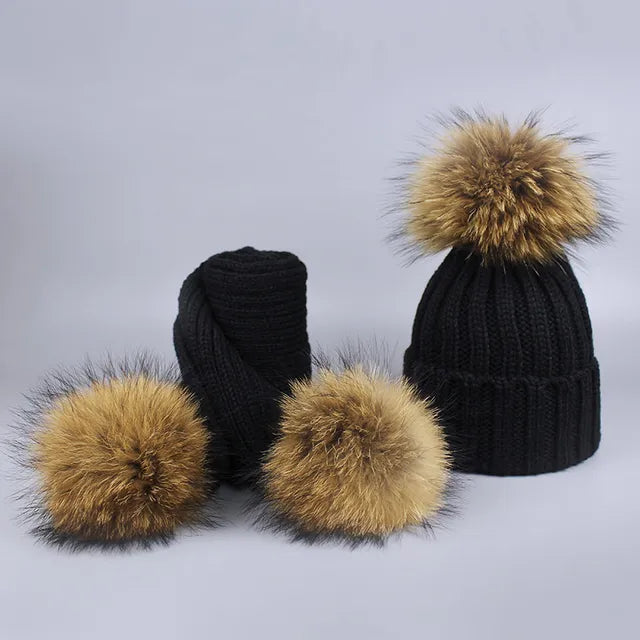 Knitted Fur Pompom Hat and Scarf Set for Children